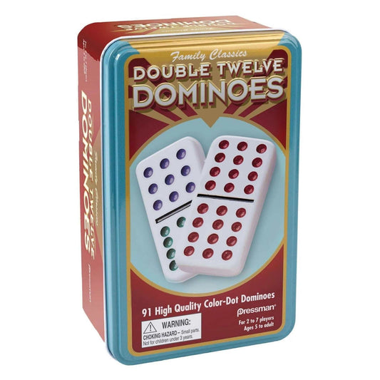 Double 12 Dominoes set with 91 colorful jumbo dots in vintage style tin for 2-6 players ages 5 and up