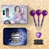 Dart set with packaging and accessories on a woven surface