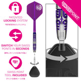 Purple dart with packaging and features highlighted on a white background