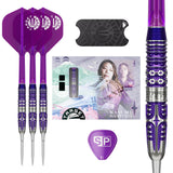Kasumi Sato Endeavour G3 Purple and silver darts with packaging and additional components on a white background