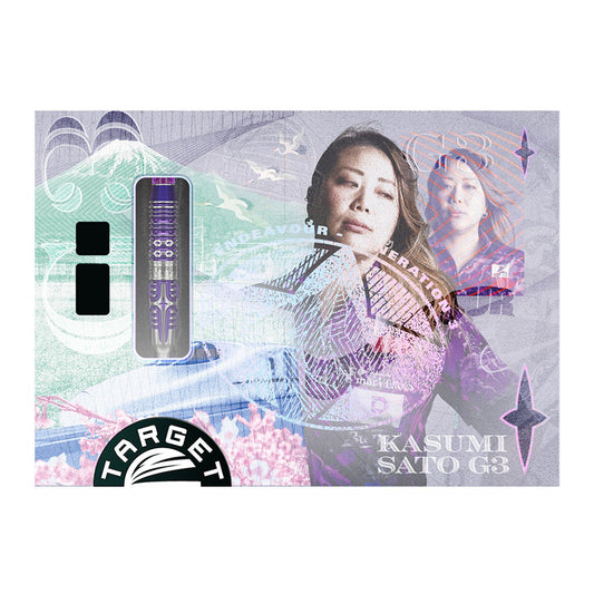 Endeavour G3 SP 90% Tungsten darts packaging with a stylized image of Kasumi Sato, and 'Target' branding on a colorful background.