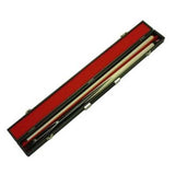 Red and black pool cue case with two pool cues inside on a white background