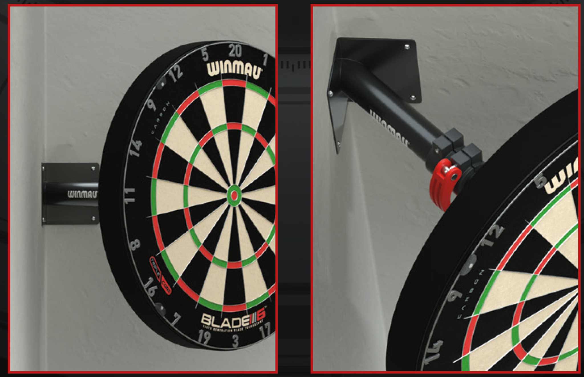 Edge Telescopic Corner dartboard bracket mounted on wall corner with Winmau dartboard.