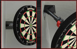 Edge Telescopic Corner dartboard bracket mounted on wall corner with Winmau dartboard.