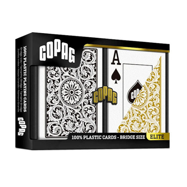 Copag 100% Plastic Jumbo Index Bridge Playing Cards Double Deck Set black and gold in pack