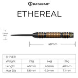 Datadart Ethereal dart with measurements and specifications on a white background