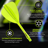 Yellow FUSION ARROWHEAD FLIGHT  with text highlighting flight stability, control, and performance on a blurred background