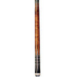 Wooden pool cue with black tip on a white background