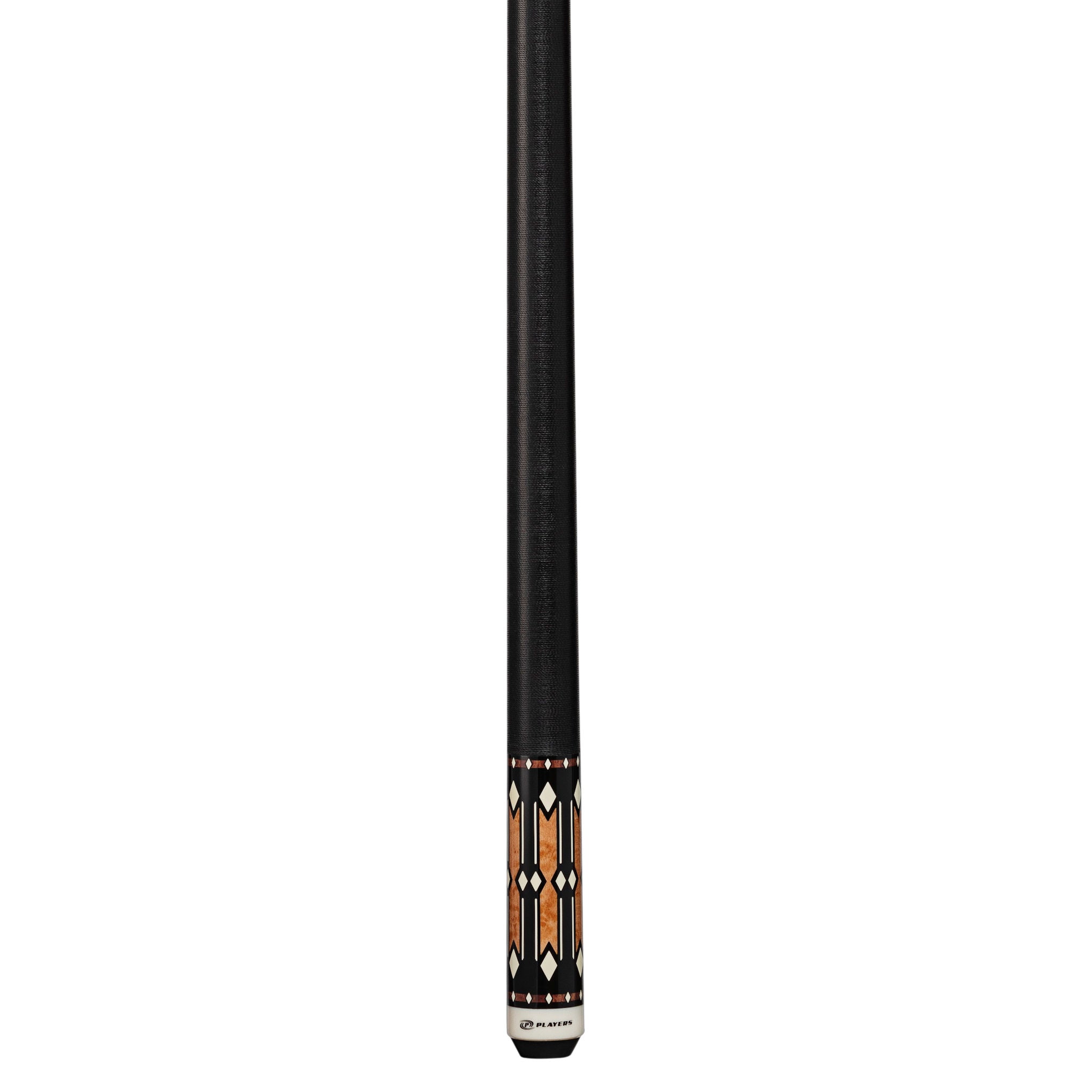 Players Light Coffee Birdseye & Imitation Bone Cue with Black Linen Wrap close up of the butt