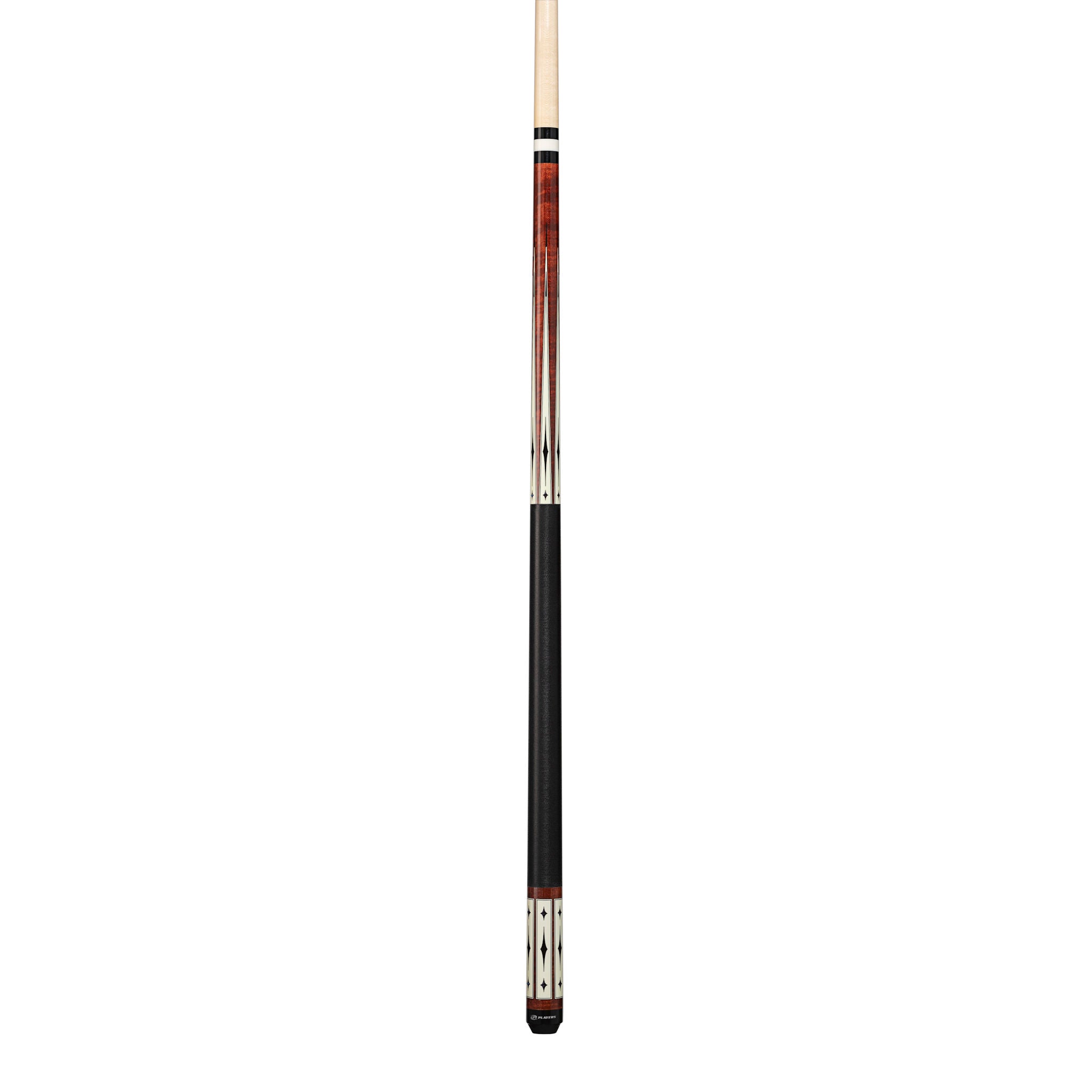 Players Curly Maple & White/Blue Diamond Cue with Black Linen Wrap showing 3/4 of the cue
