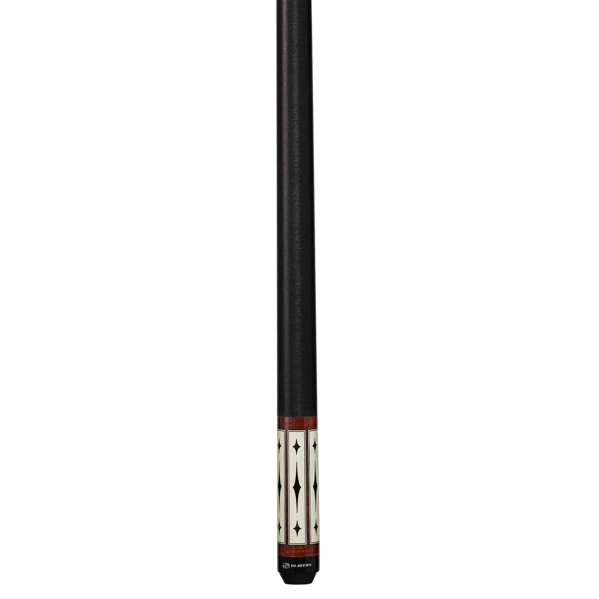 Players Curly Maple & White/Blue Diamond Cue with Black Linen Wrap butt of the cue