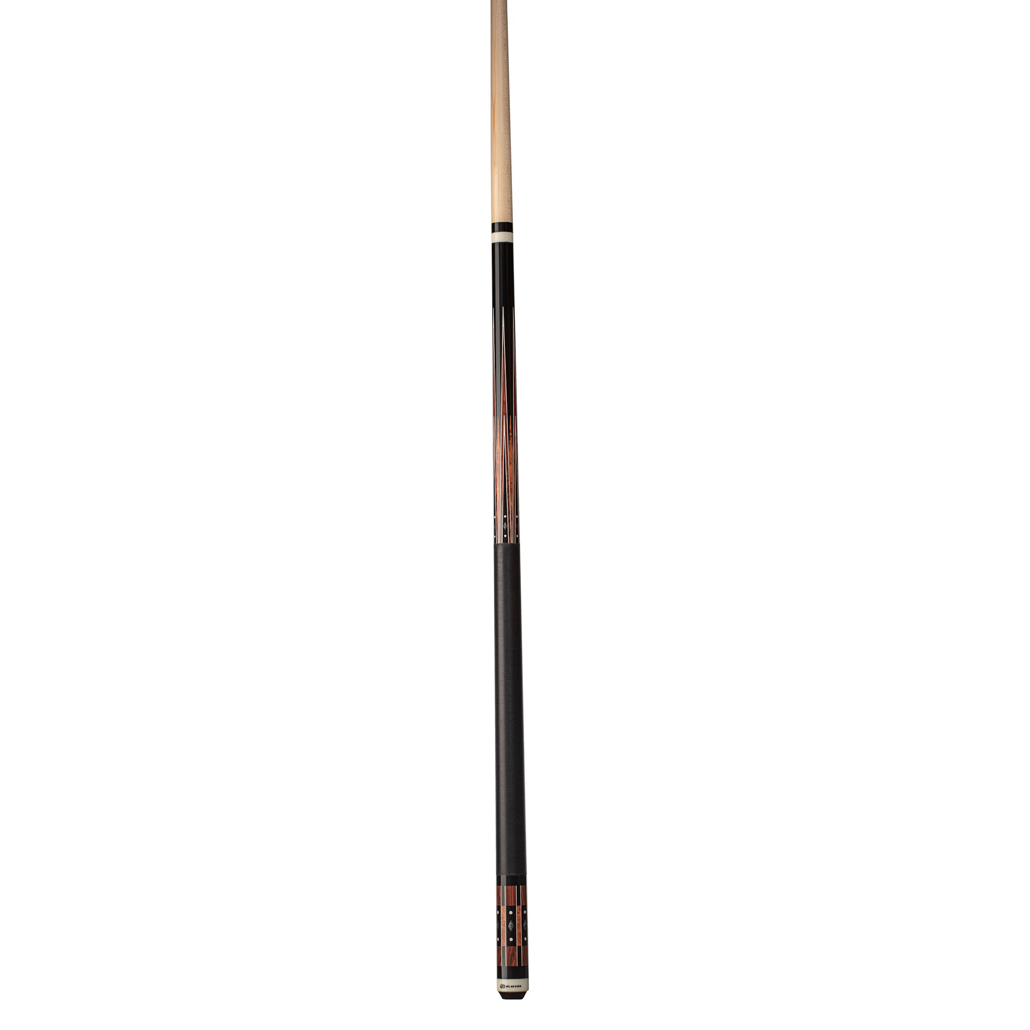 G-4144 Players® Black & Cocobolo Cue with Black Linen Wrap. Pool cue with black and brown design on a white background