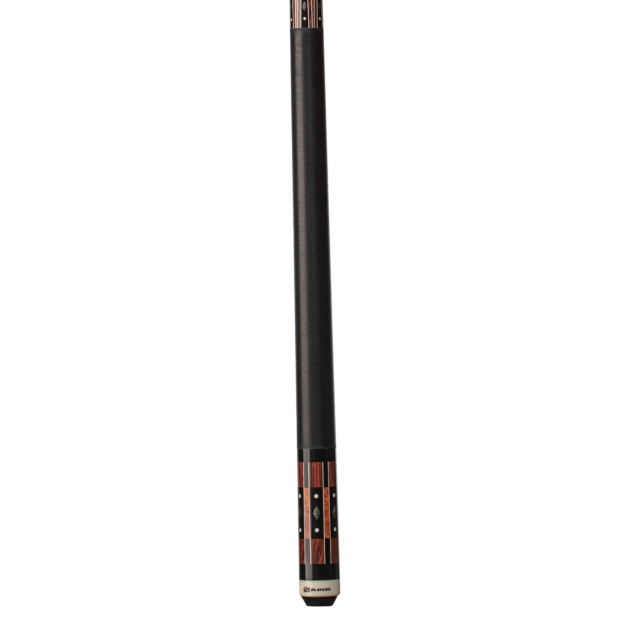 G-4144 Players® Black & Cocobolo Cue with Black Linen Wrap close up of the butt of the cue