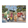 Vintage scene with people around a mobile shop and red van, under colorful bunting.