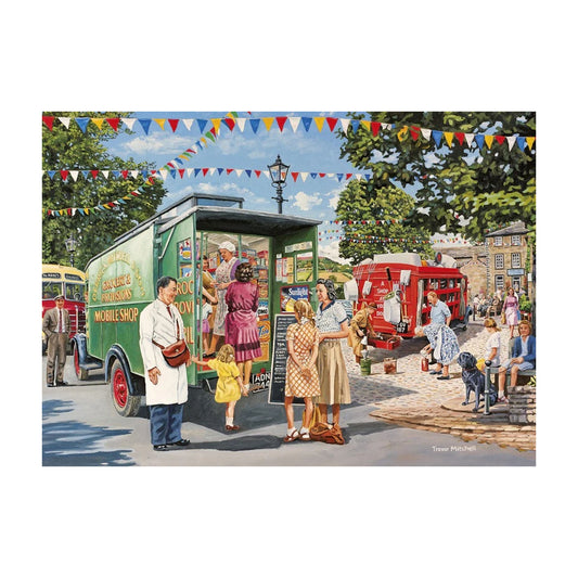 Vintage scene with people around a mobile shop and red van, under colorful bunting.