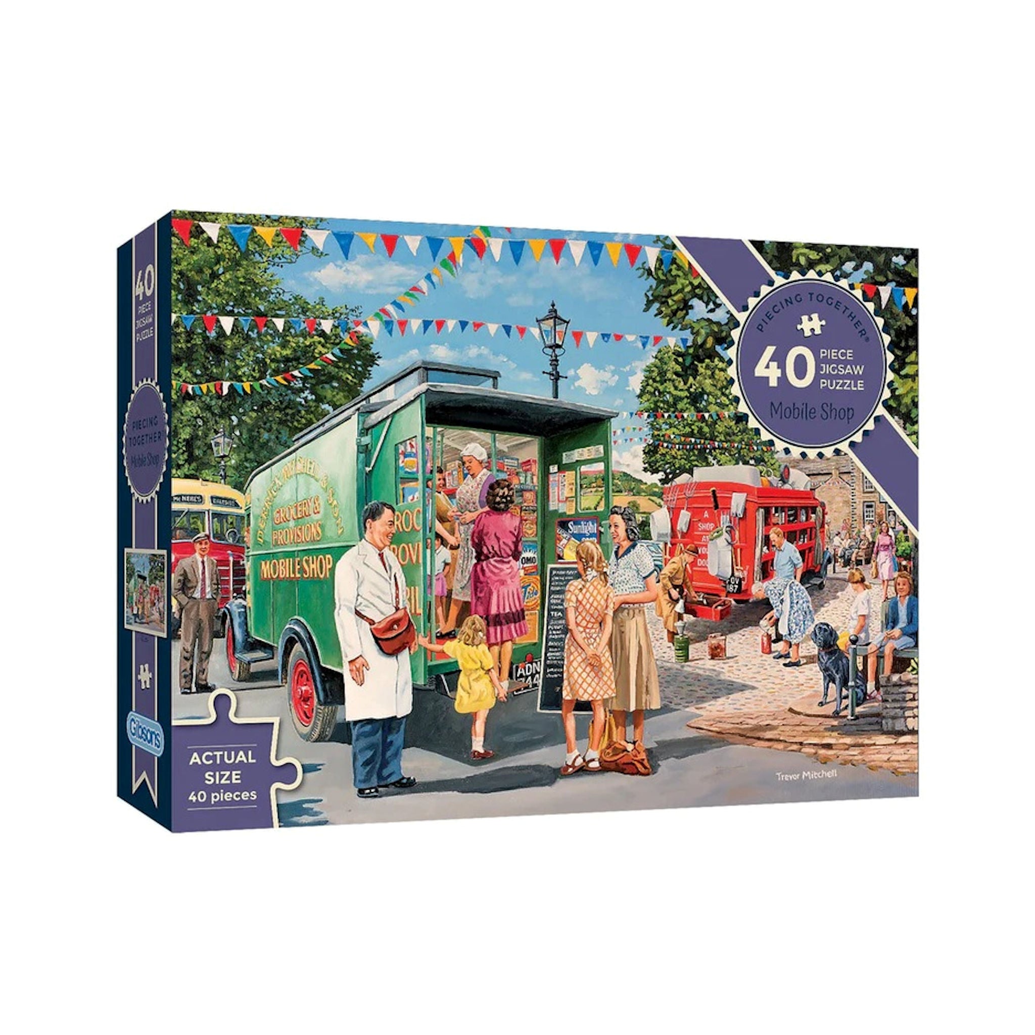 Jigsaw puzzle box featuring a mobile shop scene with people and vehicles.