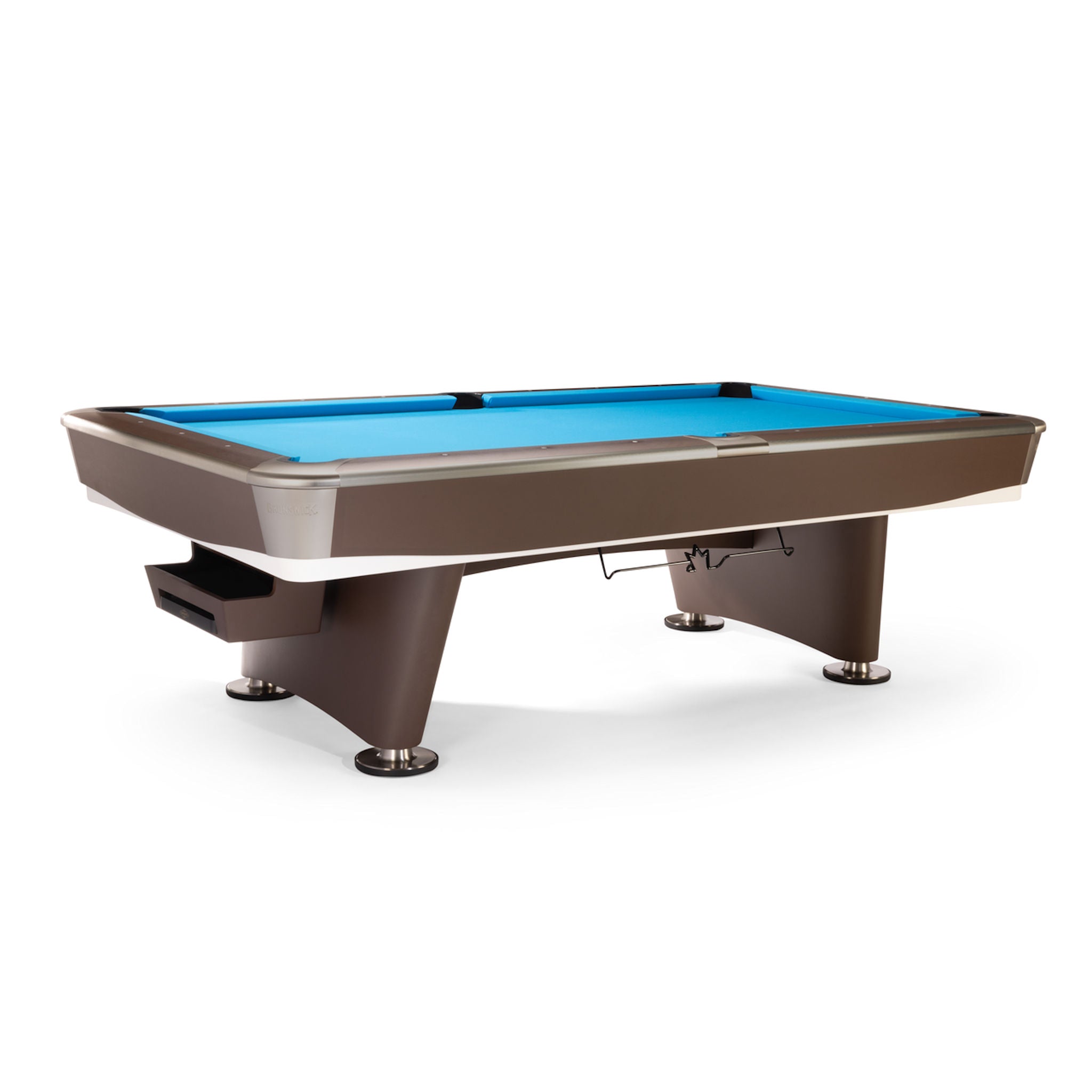 Gold Crown VII Pool Table by Brunswick Billiards with blue felt surface on a white background
