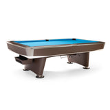 Gold Crown VII Pool Table by Brunswick Billiards with blue felt surface on a white background