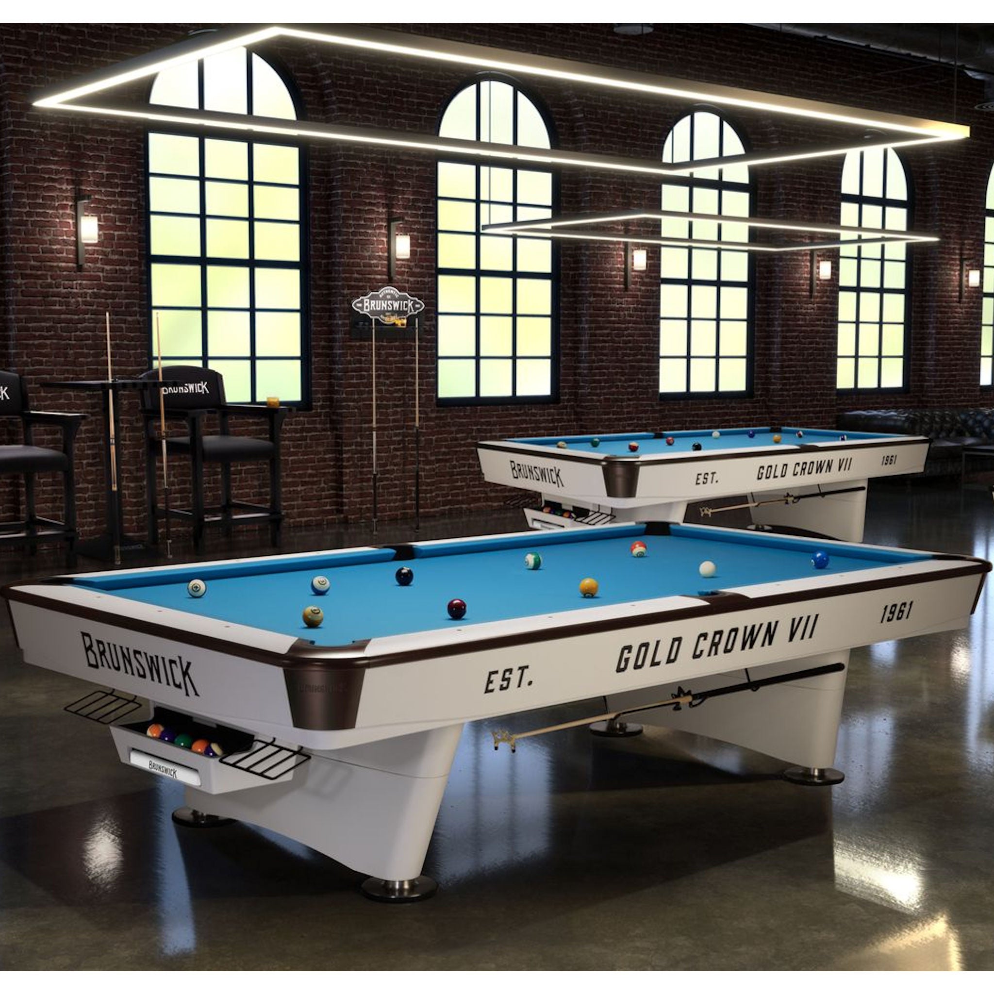 Brunswick Gold Crown VII pool table in a room with large windows and bar stools.