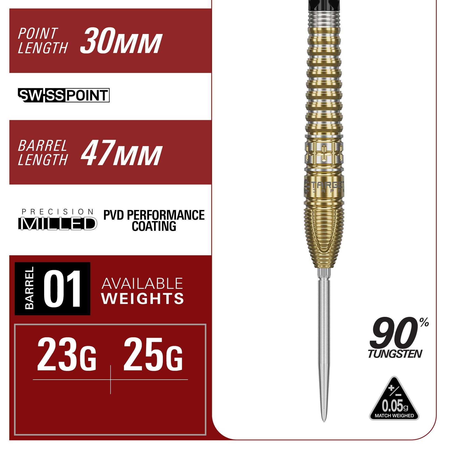 Harith Lim HotShot G3 SP 90% Tungsten Gold dart with specifications on a red and white background