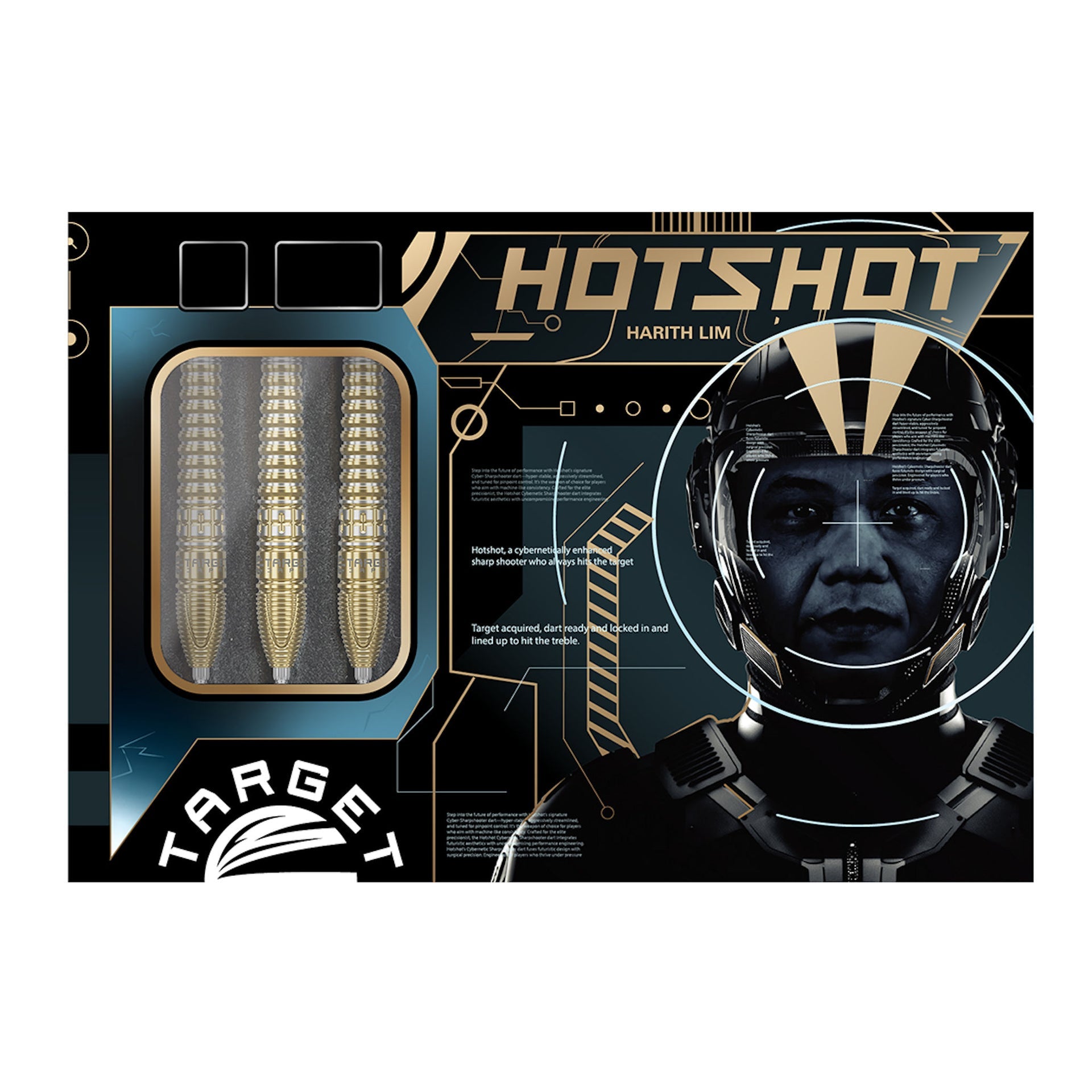 Hotshot Harith Lim darts packaging with Target branding