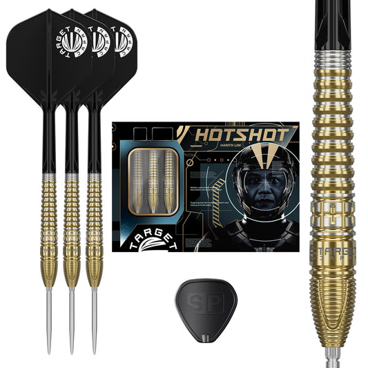 Harith Lim HotShot G3 SP 90% Tungsten Set of gold and black darts with a 'Hotshot' packaging on a white background
