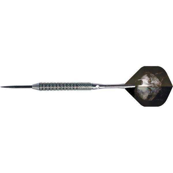 Hunter 80% tungsten dart with textured barrel and grey wolf flights for advanced players