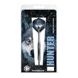 Hunter 80% tungsten darts with grey wolf flights and black ring accents in packaging