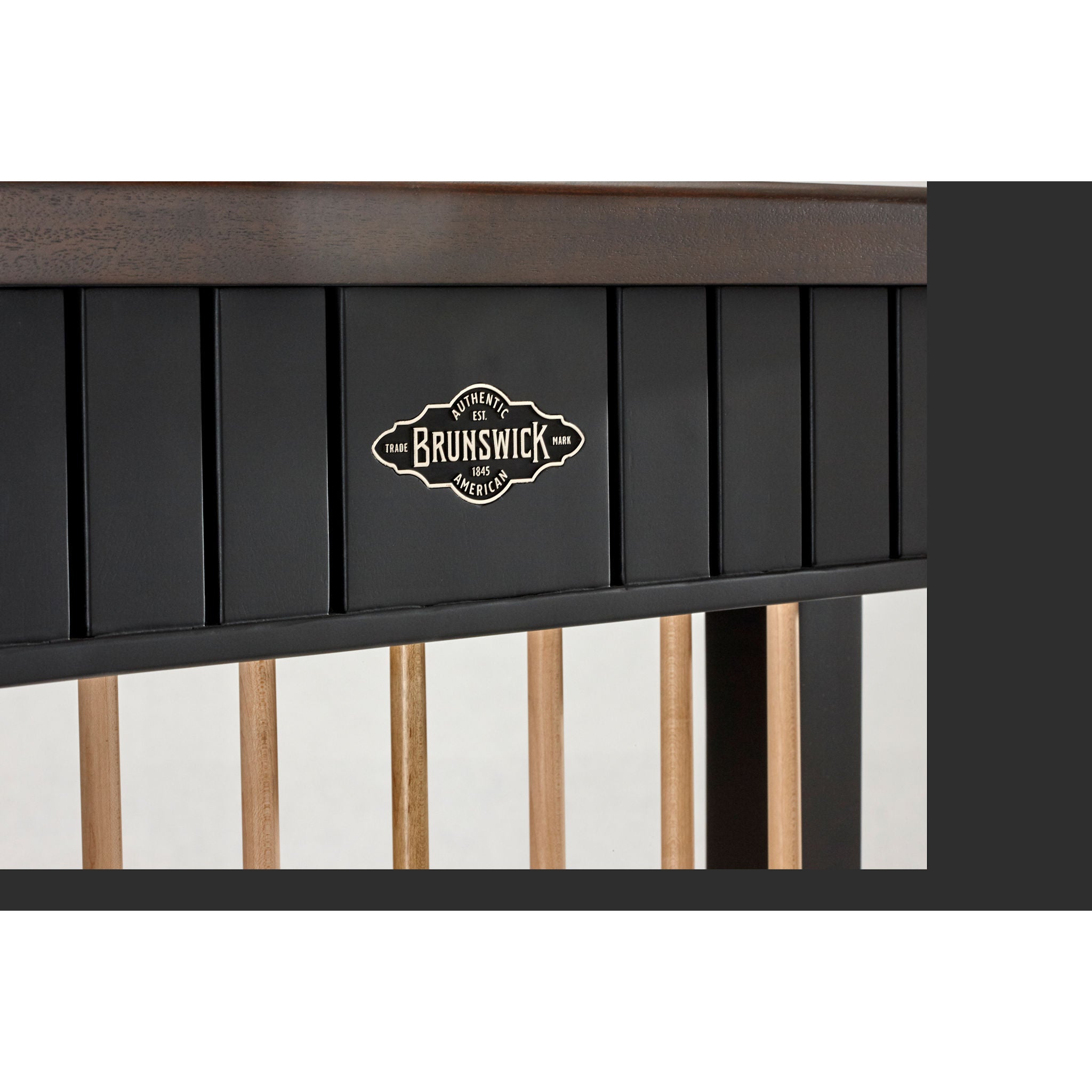 Henderson Black Cue Wall Rack close up of Brunswick logo