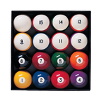 Set of Heritage Pocket Balls by Brunswick in a black tray, featuring bright white and colored numbered billiard balls, 2 1/4 inches each.