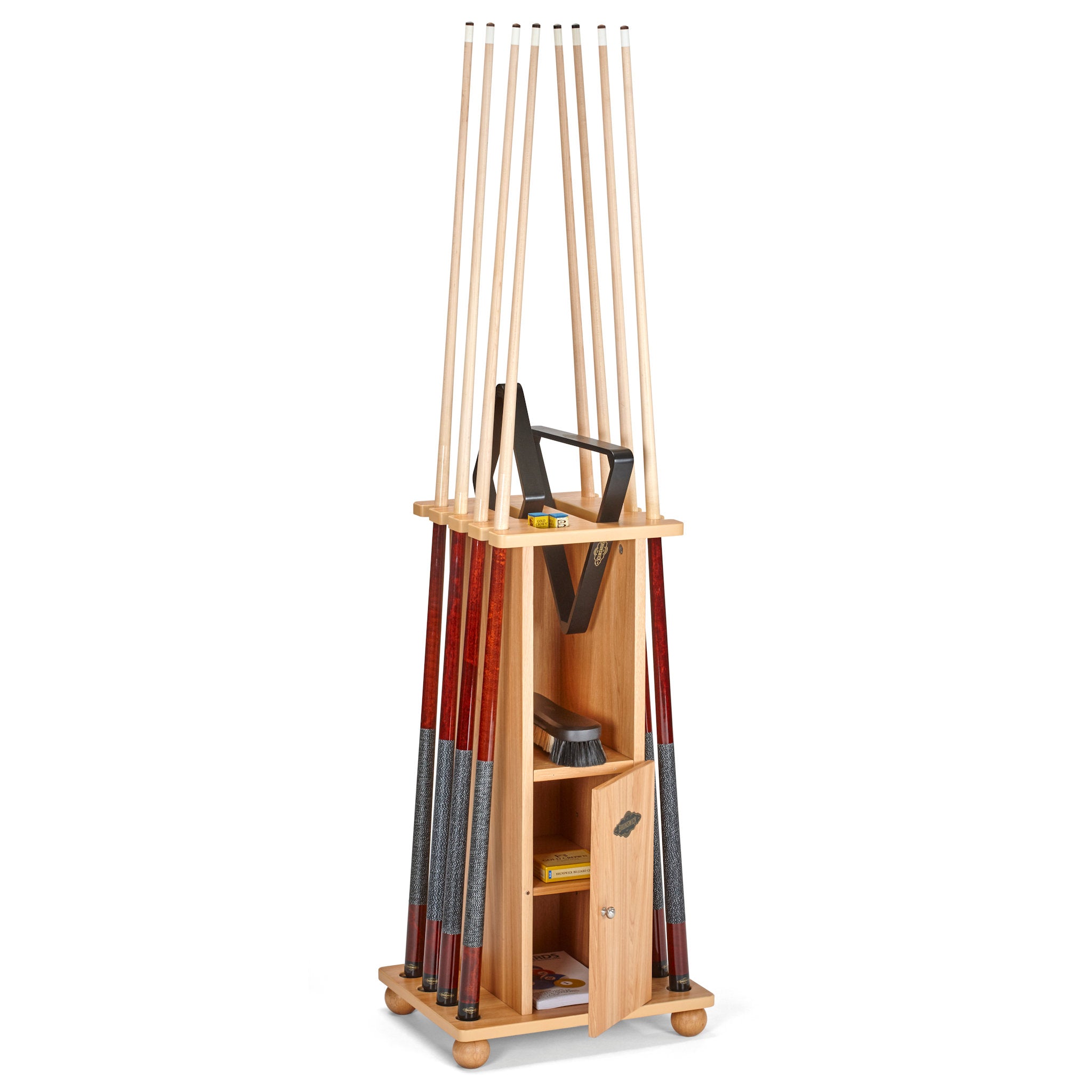 Wooden pool cue rack with multiple pool cues and accessory on a white background