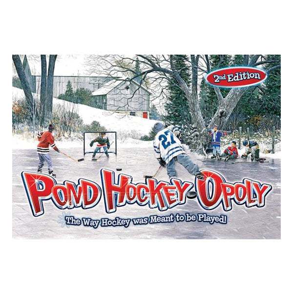 PondHockeyOpoly 2nd Edition board game featuring Canadian and US pond hockey teams playing outdoors on frozen pond ice