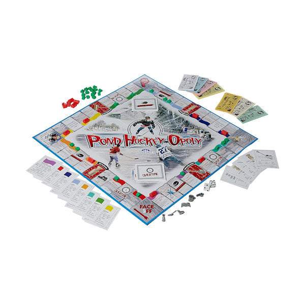 PondHockeyOpoly board game featuring Canadian and US pond hockey teams with game pieces, cards, and money tokens