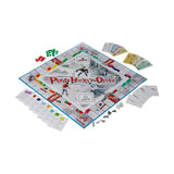 PondHockeyOpoly board game featuring Canadian and US pond hockey teams with game pieces, cards, and money tokens