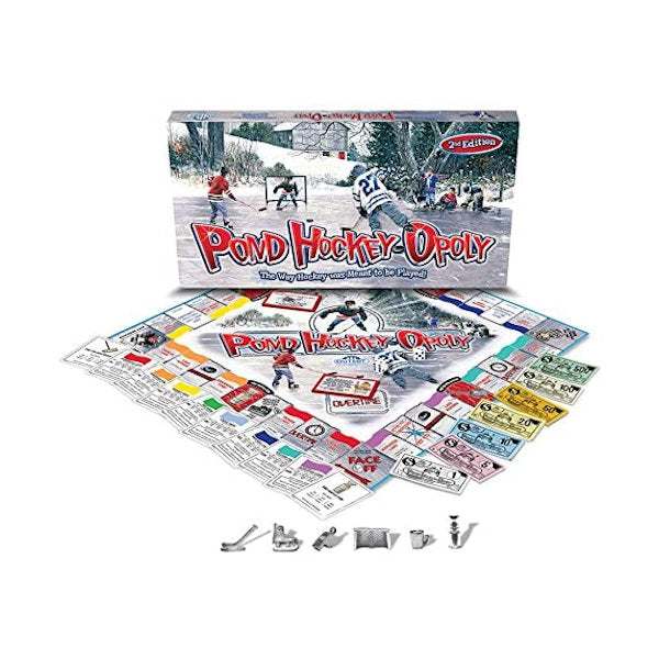 PondHockeyOpoly board game with Canadian and US pond hockey theme, 2nd edition, featuring game board, box, and game pieces.