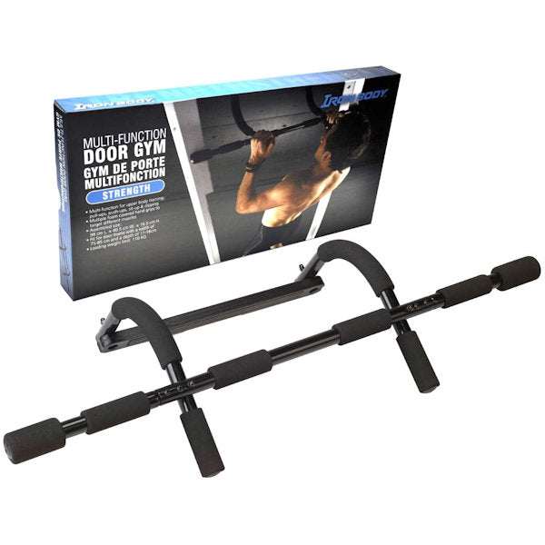 Multi-Function Door Gym for upper body workout with multiple grip positions, easy door frame installation, and pull-up, push-up, and sit-up exercises.