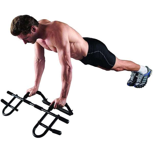 Man doing push-ups using a black multi-function door gym with multiple hand grips for upper body training