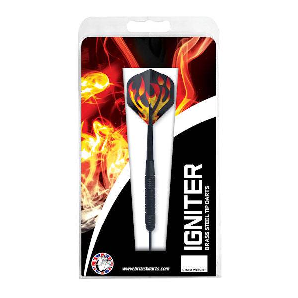 Igniter black brass steel tip dart with holographic flame flights and black nylon shafts in packaging