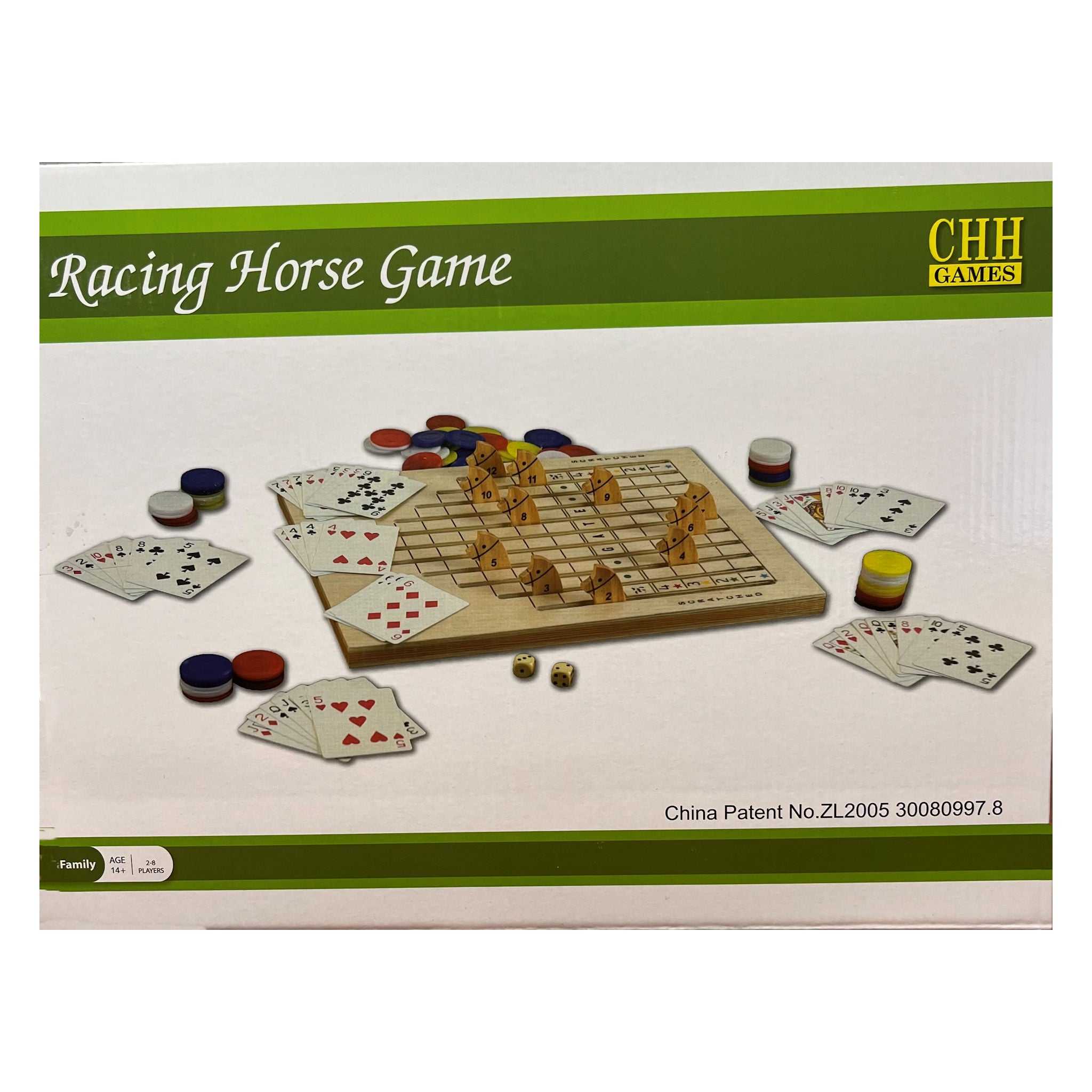 Wooden Horse Racing Game with sliding wooden track, dice, playing board, cards, and chips for family fun