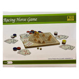Wooden Horse Racing Game with sliding wooden track, dice, playing board, cards, and chips for family fun