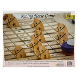 Wooden Horse Racing Game with sliding wooden track, dice, playing cards, and horse-shaped game pieces for family fun