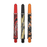 Set of three Pro Grip Icon Nylon Shafts in red, black, and orange with signature designs for darts