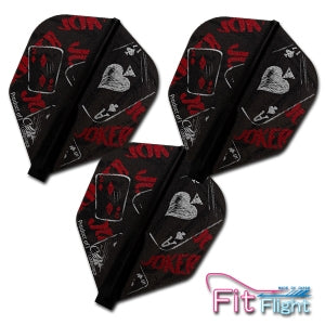 Black dart flights with red and white designs on a white background, featuring the Fit Flight logo.