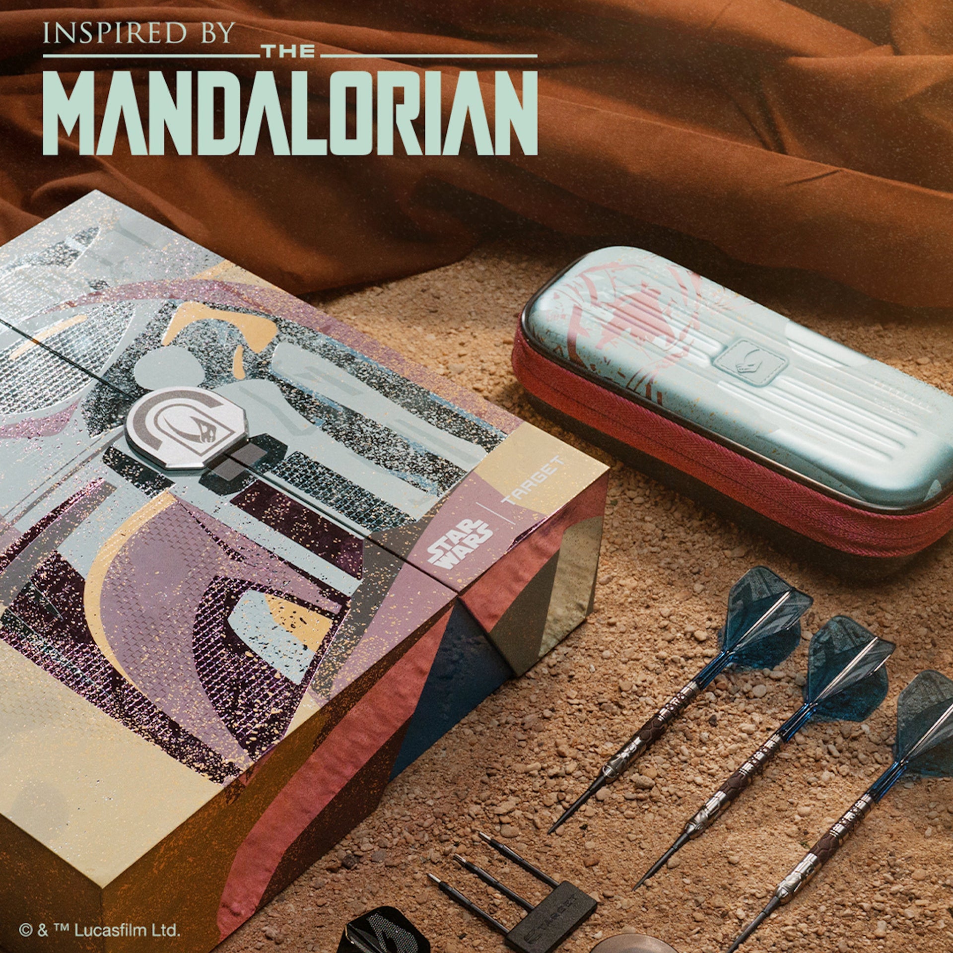 Product packaging inspired by 'The Mandalorian' with darts and case on a textured surface.