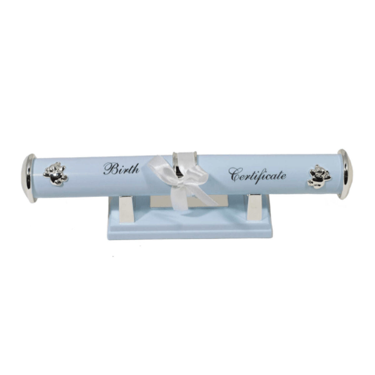 Blue Engravable Birth Certificate Holder with silver bears and the script Birth Certificate on a blue stand