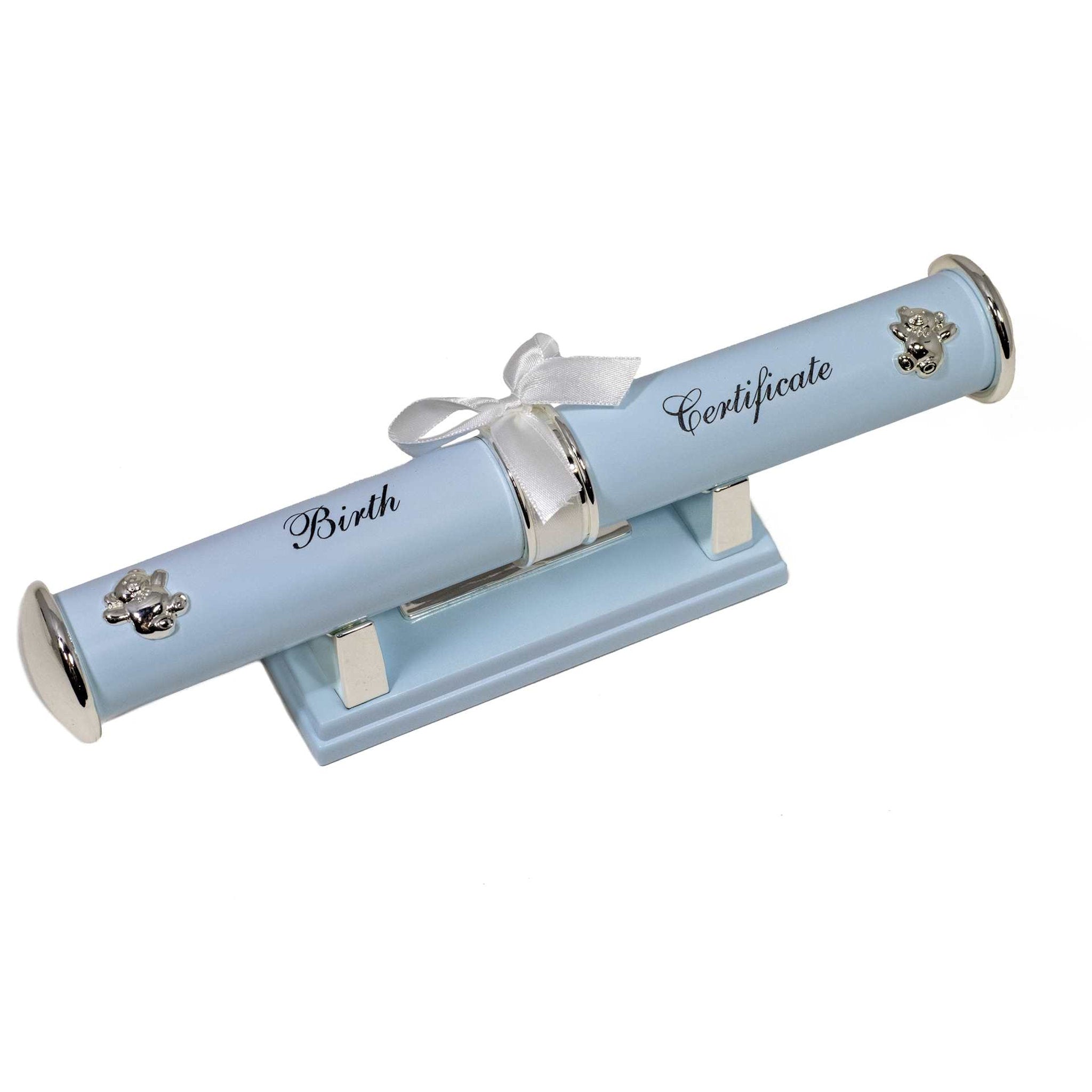 Blue Engravable Birth Certificate Holder with silver bears and the script Birth Certificate on a blue stand