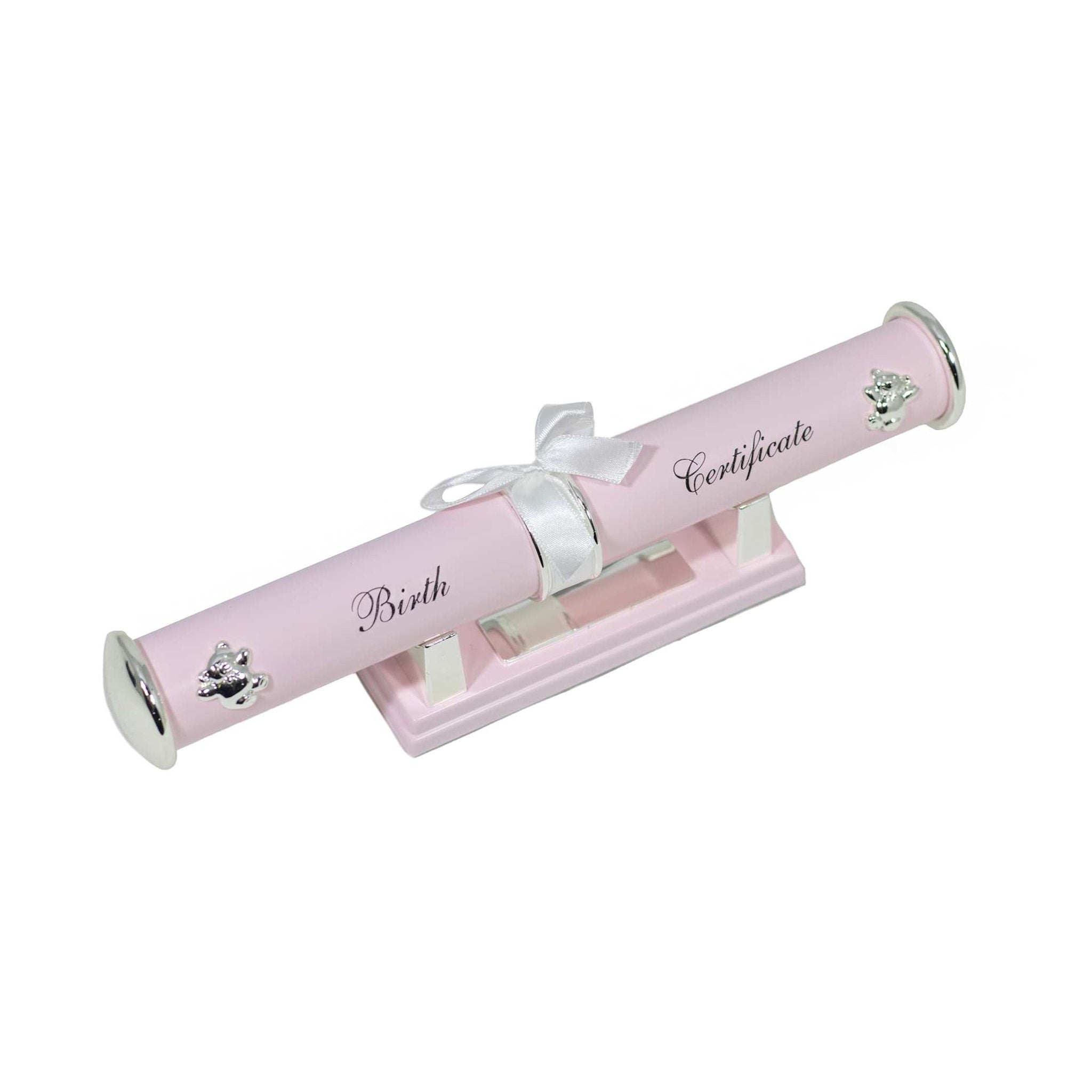 Pink Engravable Birth Certificate Holder with silver bears and the script Birth Certificate on a pink stand