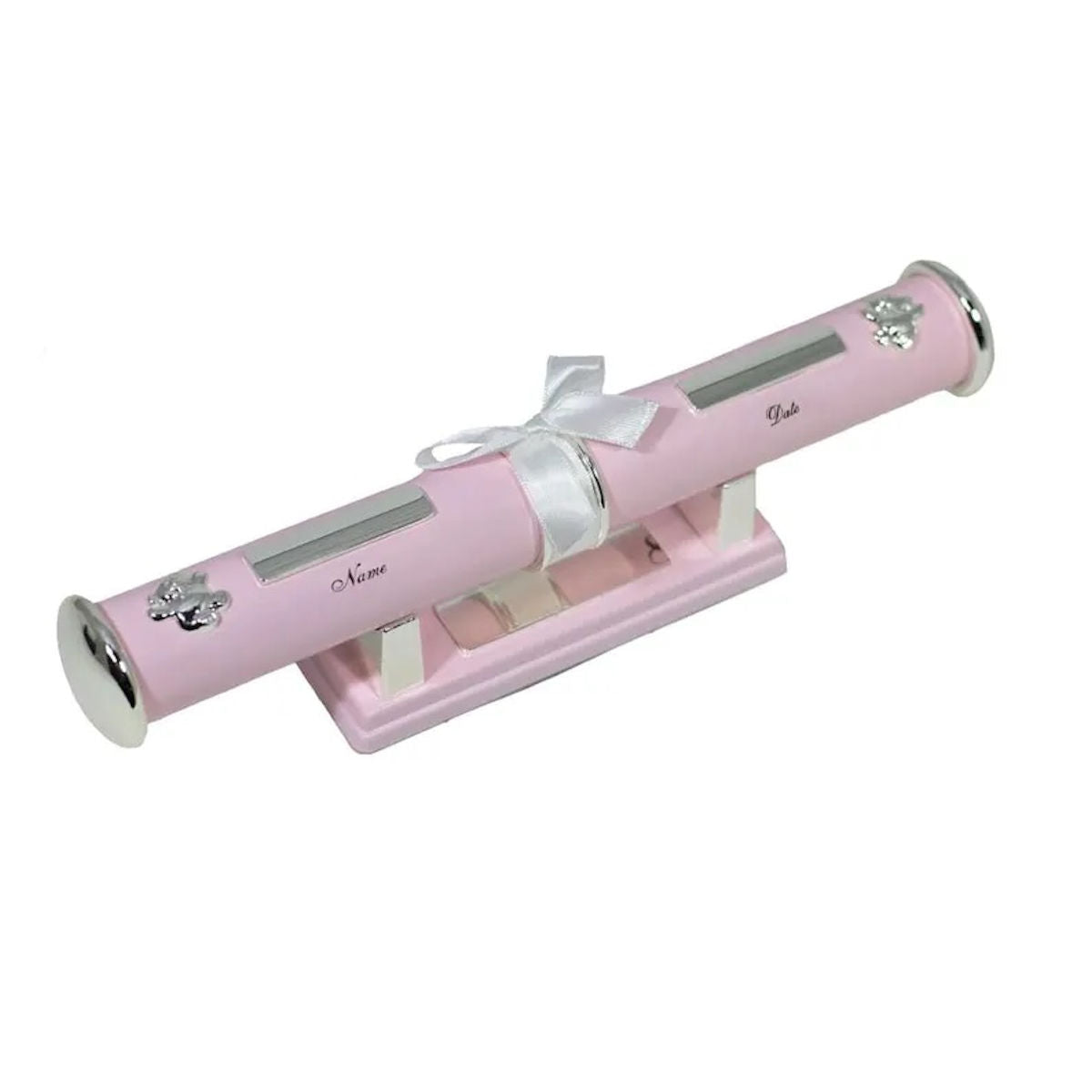 Pink Engravable Birth Certificate Holder with silver bears and the script Name and Date with engravable silver plates on a pink stand