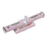 Pink Engravable Birth Certificate Holder with silver bears and the script Name and Date with engravable silver plates on a pink stand