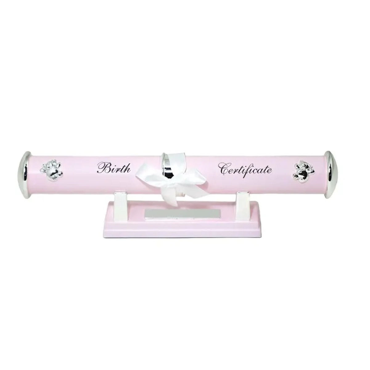 Pink Engravable Birth Certificate Holder with silver bears and the script Birth Certificate on a pink stand